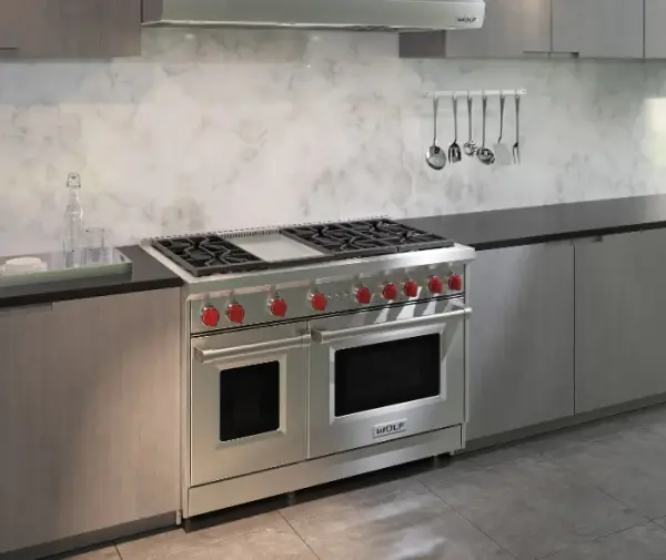 The Wolf GR486G-LP range in a high-end kitchen